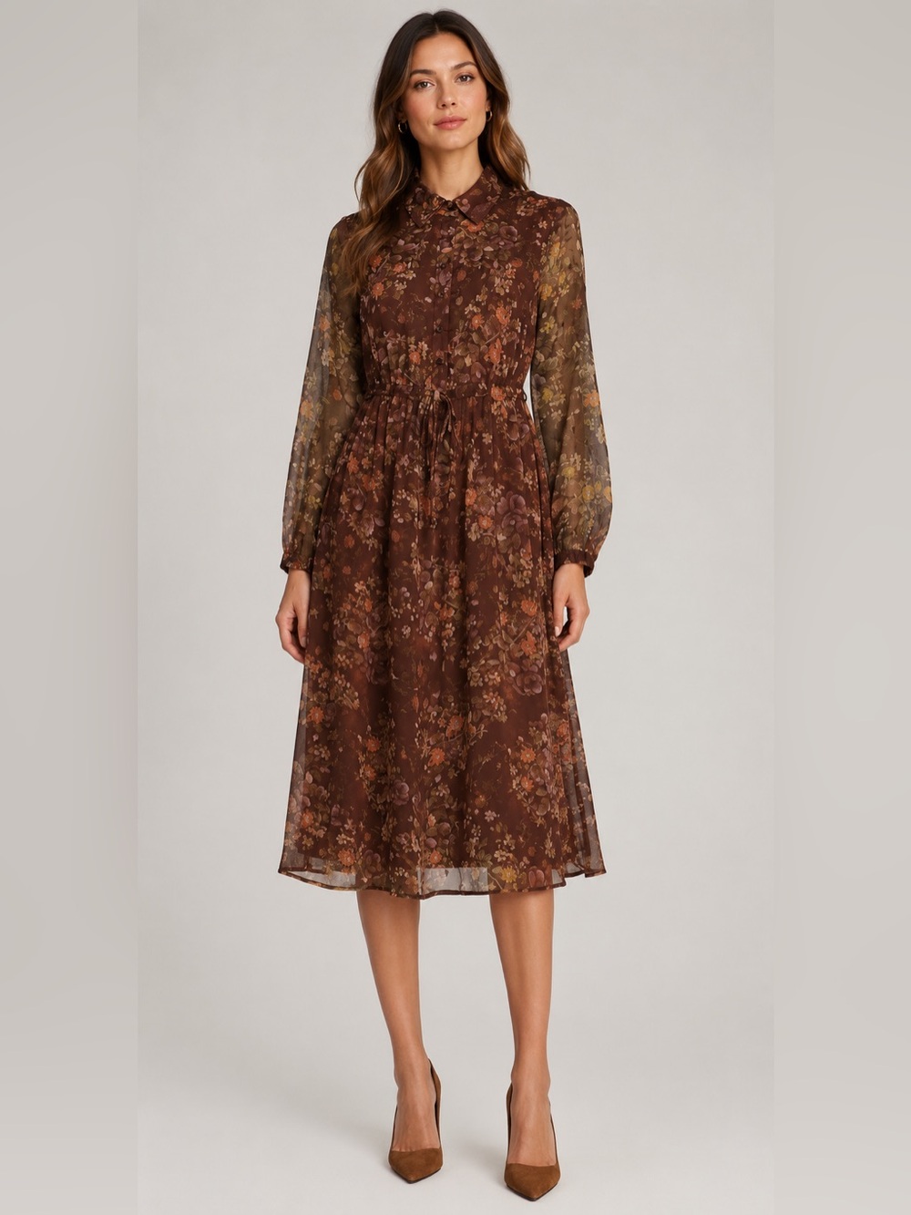 WD NY Long Sleeve Sheer Brown Floral Print Midi Dress Medium